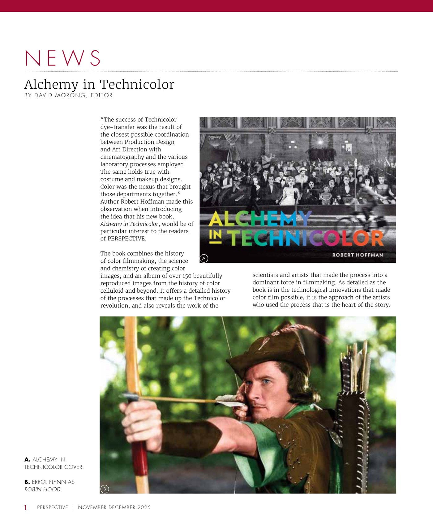 Perspective, November/December 2025, page 12: the opening page of David Morong's review of Alchemy in Technicolor, with the book's cover and a still of Errol Flynn as Robin Hood