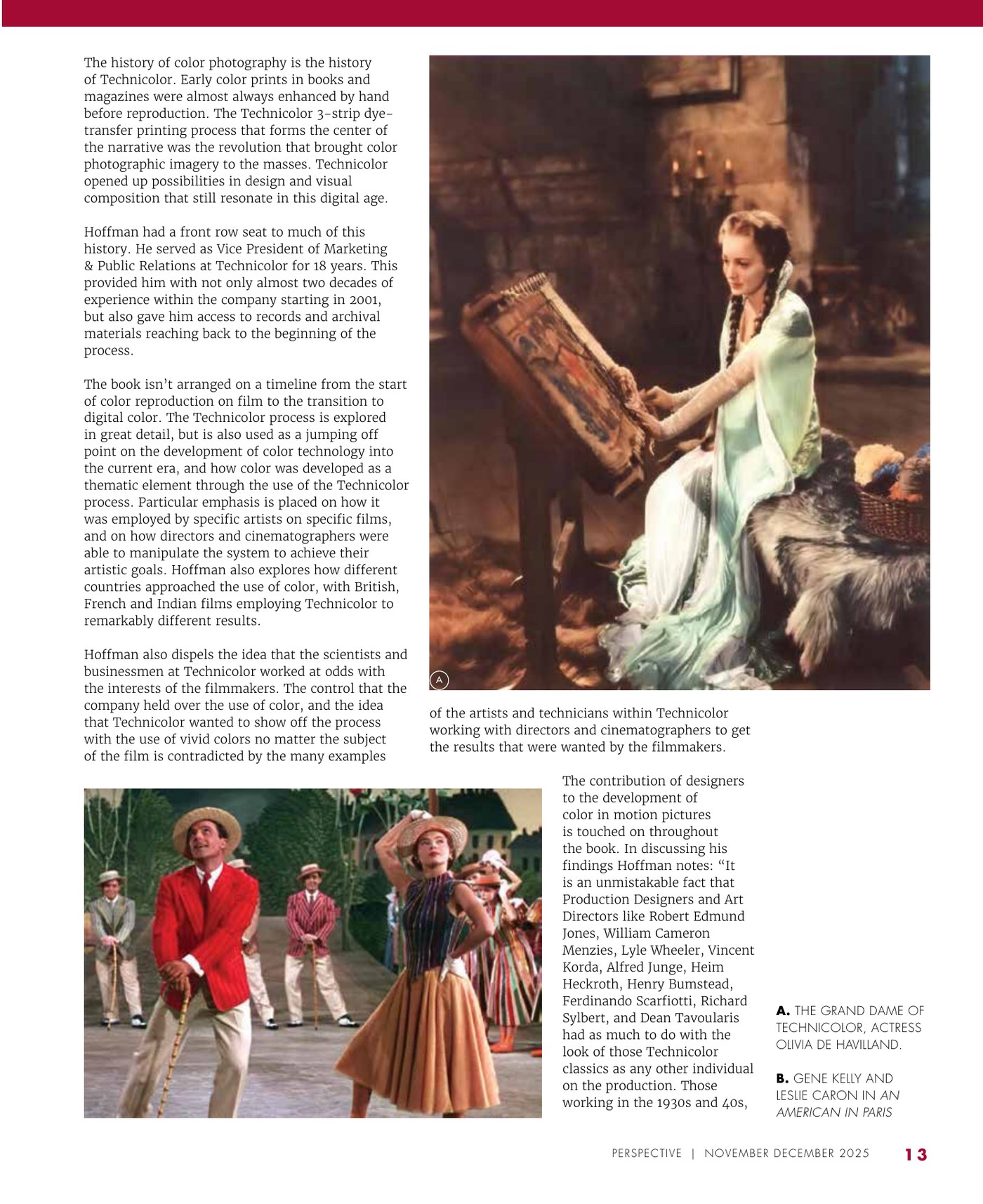 Perspective, November/December 2025, page 13: the review continues, with stills of Olivia de Havilland and of Gene Kelly and Leslie Caron in An American in Paris
