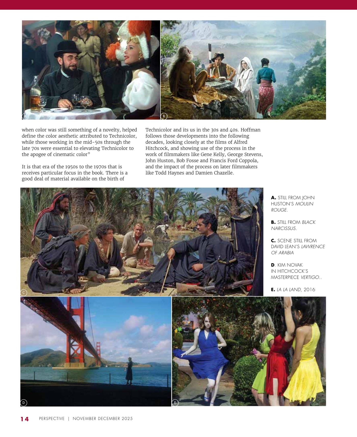 Perspective, November/December 2025, page 14: the review concludes, with stills from Moulin Rouge, Black Narcissus, Lawrence of Arabia, Vertigo and La La Land